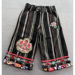 Little Mass Pants Girls 3T Striped Cropped Embroidered Flower Patch Ruffle Boho